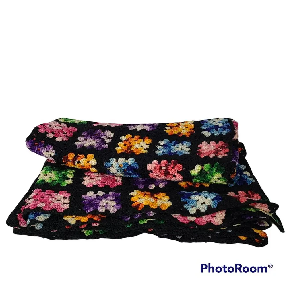 MCM Vintage black multicolor granny square sofa throw 48x81